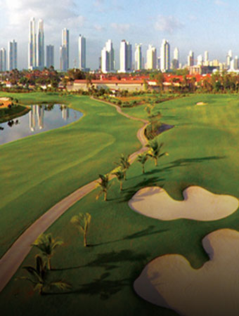 golf course in front of cityscape
